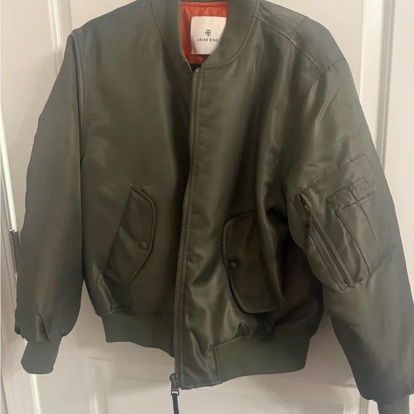 Anine Bing Khaki Bomber Jacket with Orange Lining - Picture 5 of 5